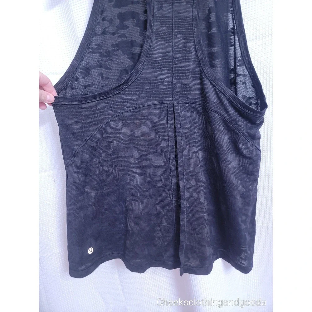 Lululemon 6 Miles Ahead Tank Black Camo Sheer Open Back Activewear W1ANGS